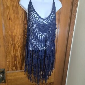 Navy Crochet Fringe Halter Top
